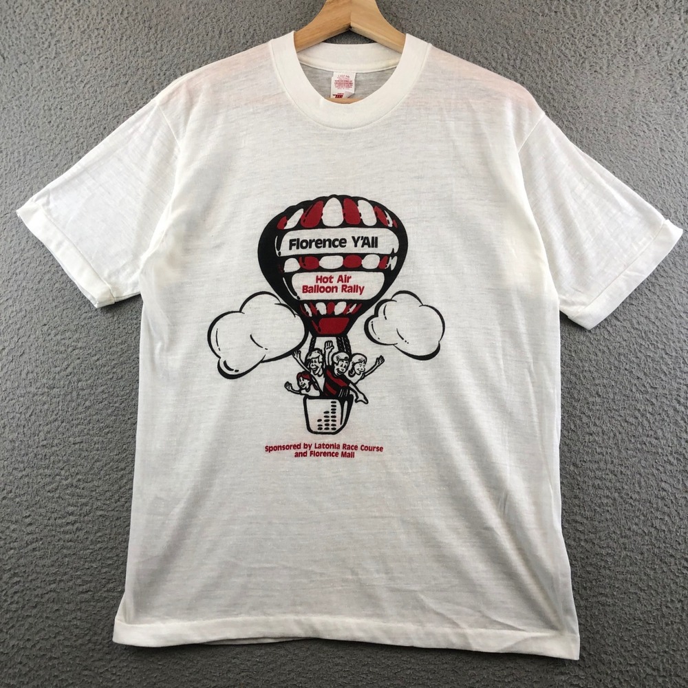 Vintage 80s Florence Y'All Hot Air Balloon Rally T-Shirt Wolf White Mens L